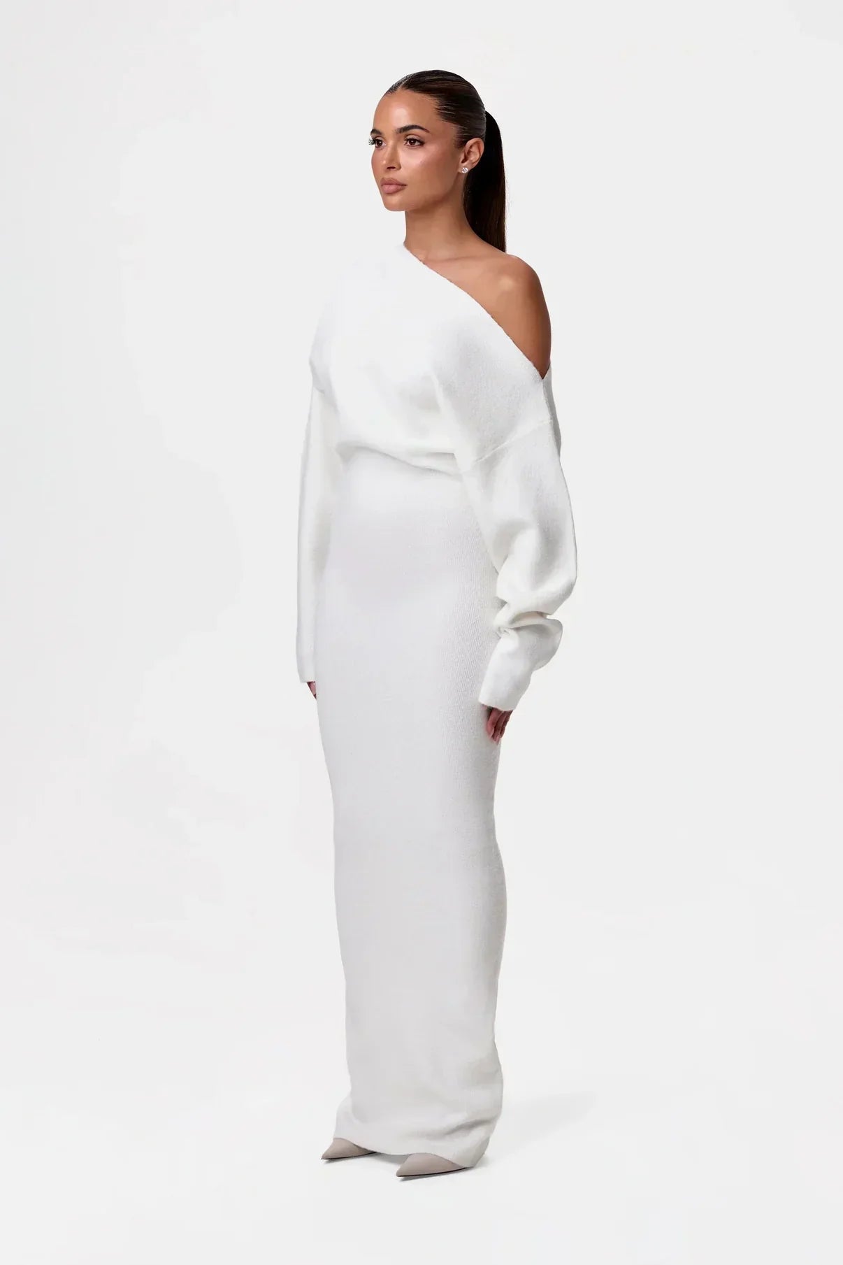 Natalia | Elegancka Sukienka z Dzianiny z Odkrytym Ramieniem