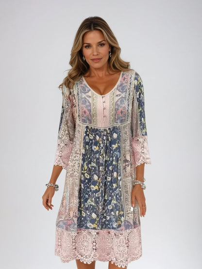 Lilka | Patchworkowa sukienka midi w stylu boho z koronką